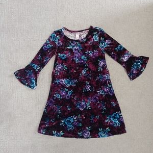 Girls Justice 3/4 Sleeve Velour Purple Dress, Floral, size 8